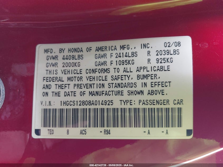 2008 HONDA ACCORD VIN: 1HGCS12808A014925