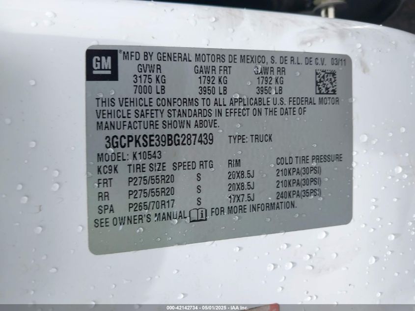 2011 Chevrolet Silverado 1500 Lt VIN: 3GCPKSE39BG287439 Lot: 42142734