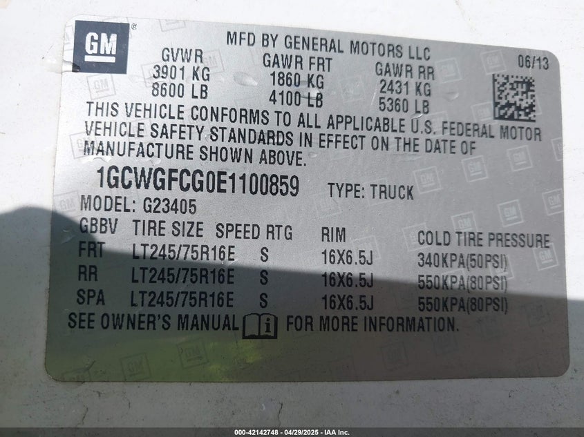 2014 CHEVROLET EXPRESS 2500 VIN: 1GCWGFCG0E1100859