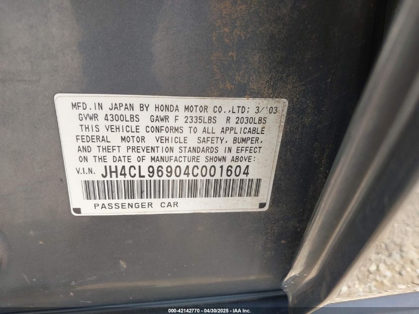 2004 Acura Tsx VIN: JH4CL96904C001604 Lot: 42142770