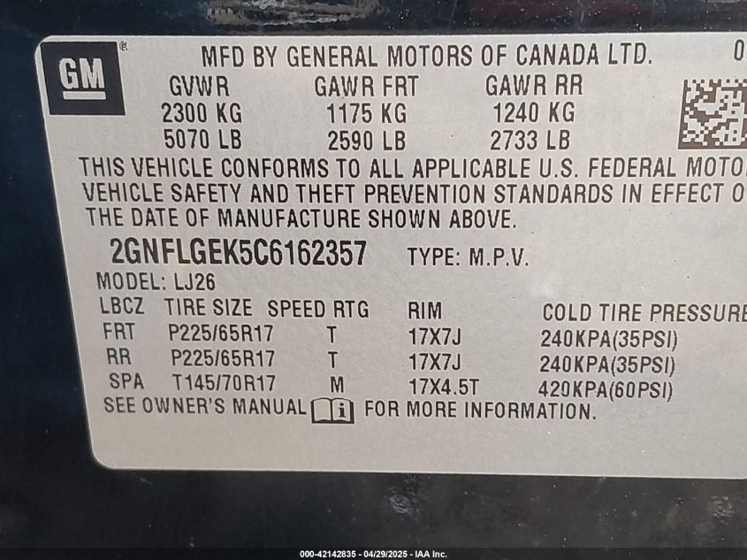 2012 Chevrolet Equinox Ltz VIN: 2GNFLGEK5C6162357 Lot: 42142835