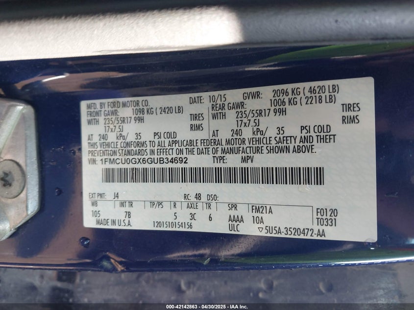 2016 FORD ESCAPE VIN: 1FMCU0GX6GUB34692