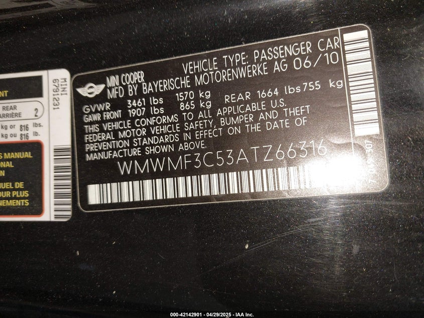 2010 MINI COOPER VIN: WMWMF3C53ATZ66316