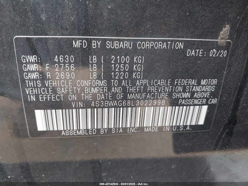 2020 SUBARU LEGACY VIN: 4S3BWAG68L3022998