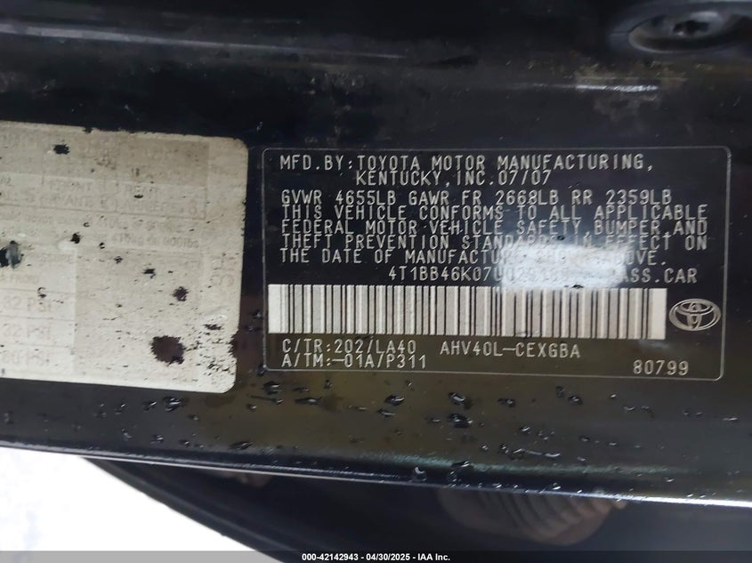2007 TOYOTA CAMRY HYBRID VIN: 4T1BB46K07U029189