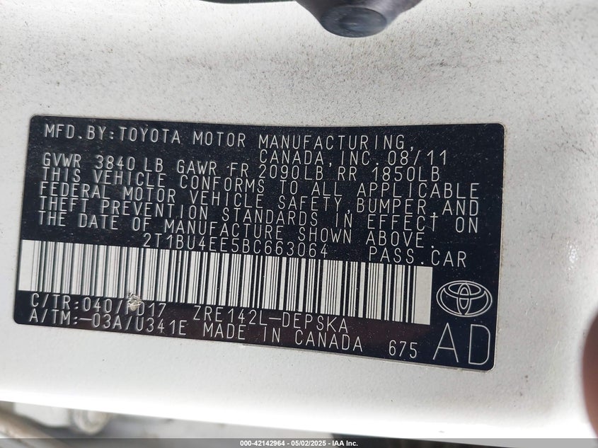 2011 TOYOTA COROLLA VIN: 2T1BU4EE5BC663064