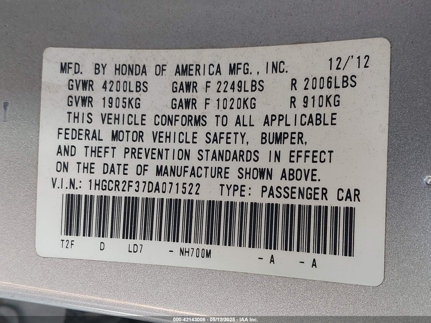 2013 HONDA ACCORD VIN: 1HGCR2F37DA071522