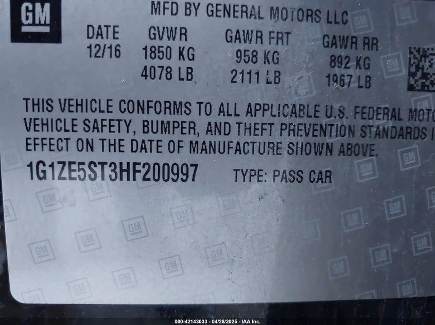 2017 CHEVROLET MALIBU VIN: 1G1ZE5ST3HF200997