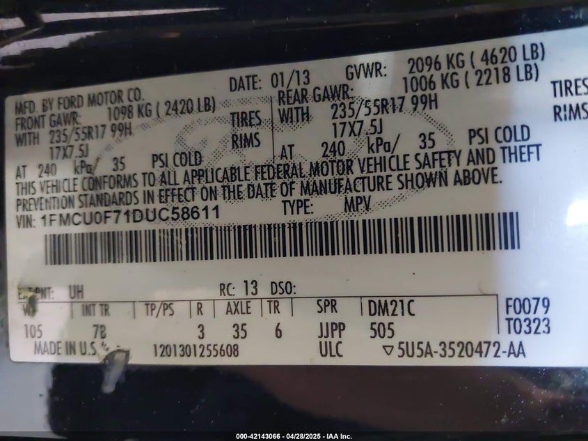 2013 FORD ESCAPE VIN: 1FMCU0F71DUC58611