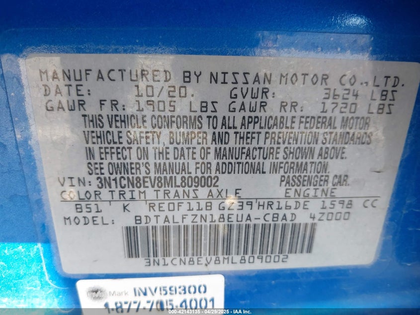 2021 NISSAN VERSA VIN: 3N1CN8EV8ML809002