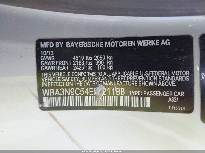 2014 BMW 428 VIN: WBA3N9C54EF721188