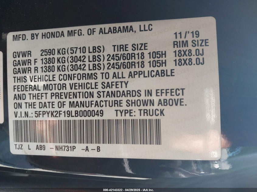 2020 HONDA RIDGELINE 2WD SPORT - 5FPYK2F19LB000049