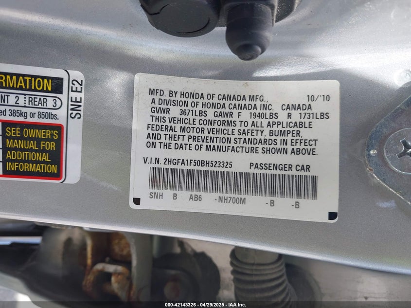 2011 HONDA CIVIC VIN: 2HGFA1F50BH523325