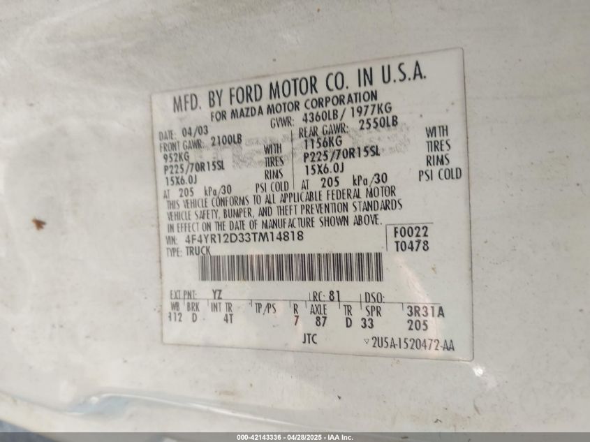 2003 Mazda B-Series 2Wd Truck Sx VIN: 4F4YR12D33TM14818 Lot: 42143336