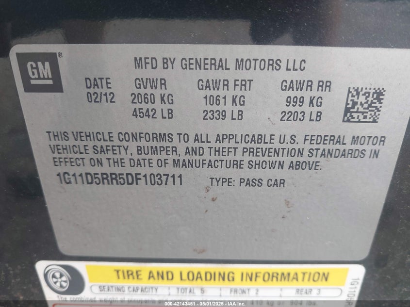 2013 CHEVROLET MALIBU VIN: 1G11D5RR5DF103711