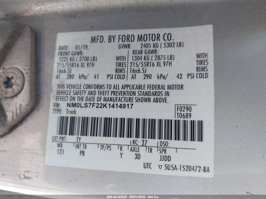 2019 FORD TRANSIT CONNECT VIN: NM0LS7F22K1414917
