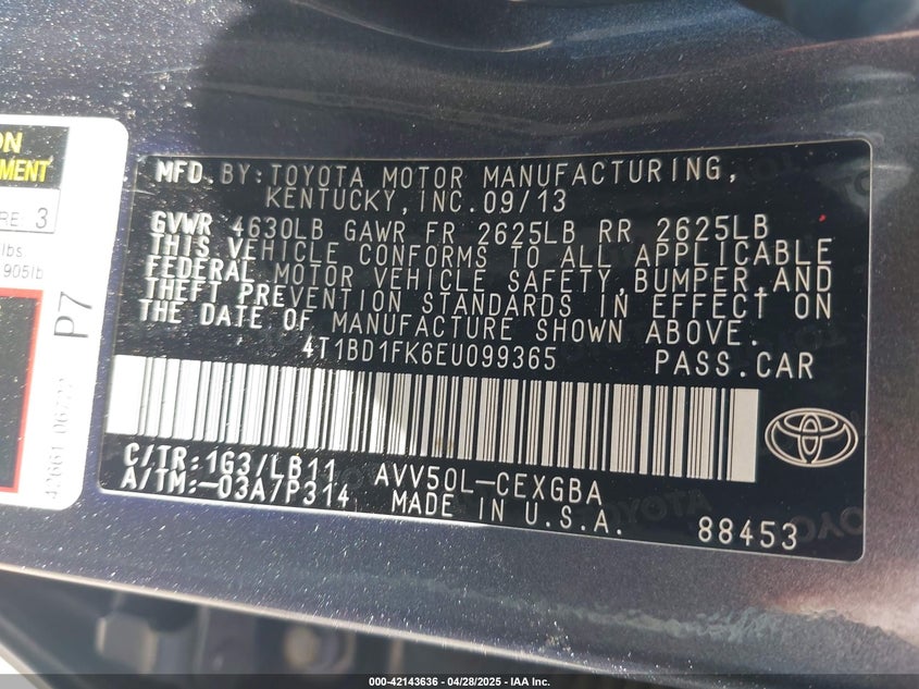 2014 TOYOTA CAMRY HYBRID VIN: 4T1BD1FK6EU099365