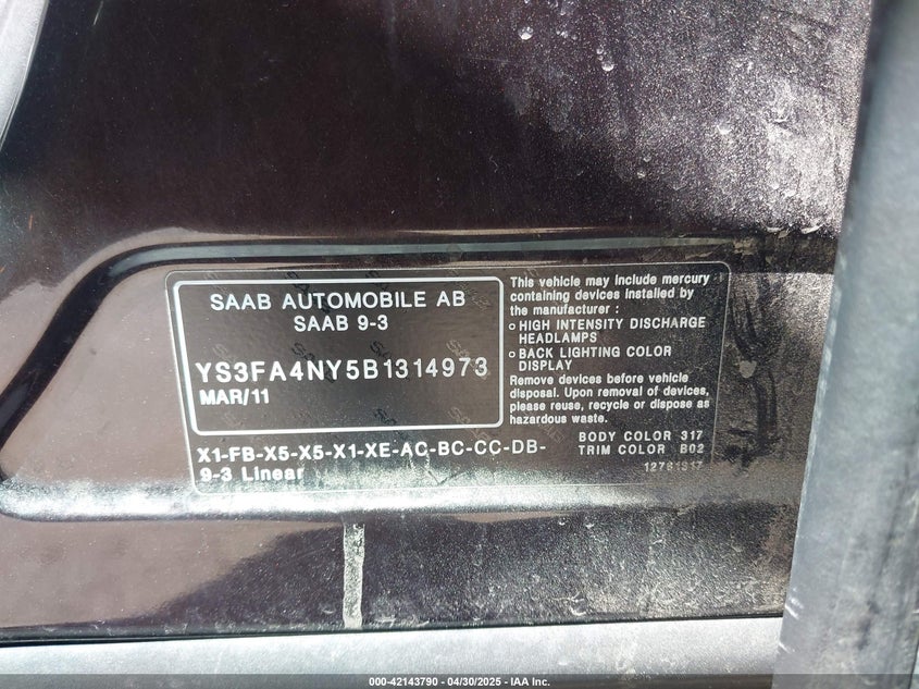 2011 SAAB 9 3 VIN: YS3FA4NY5B1314973