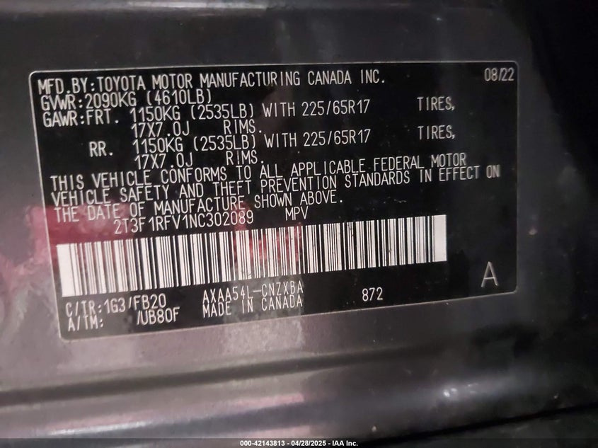 VIN 2T3F1RFV1NC302089 2022 TOYOTA RAV4 LE