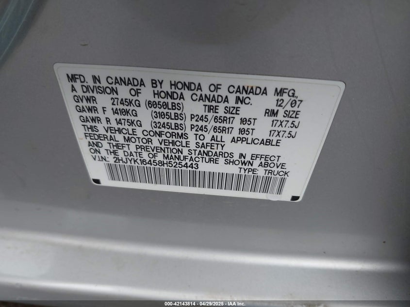 2008 HONDA RIDGELINE VIN: 2HJYK16458H525443