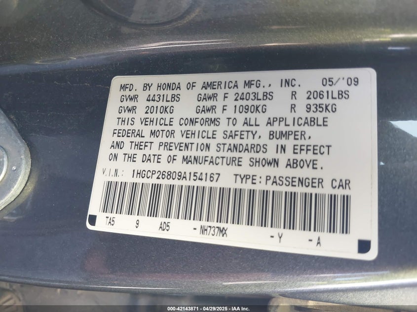 2009 HONDA ACCORD SDN VIN: 1HGCP26809A154167