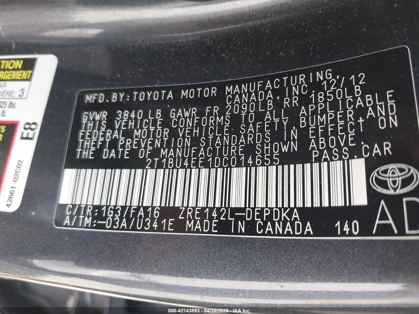 2013 TOYOTA COROLLA L - 2T1BU4EE1DC014655