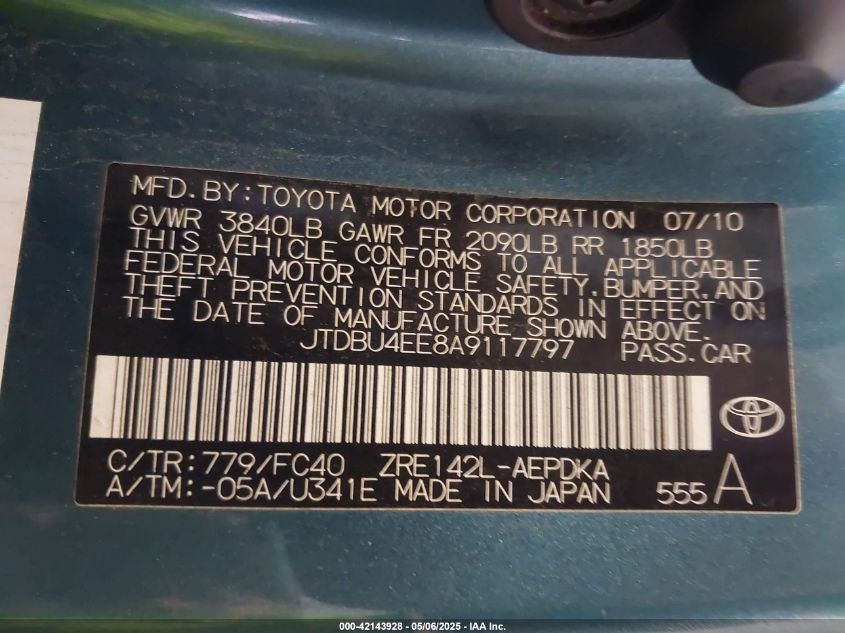 2010 Toyota Corolla Le VIN: JTDBU4EE8A9117797 Lot: 42143928