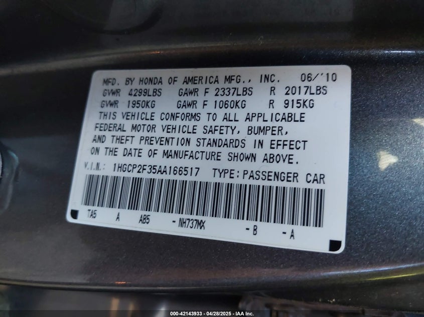 2010 HONDA ACCORD VIN: 1HGCP2F35AA166517