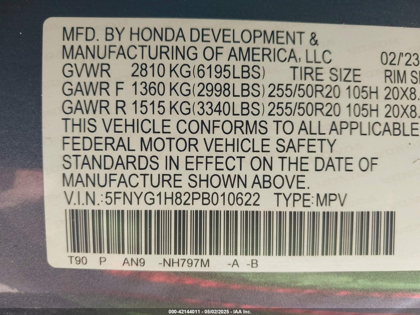 2023 HONDA PILOT VIN: 5FNYG1H82PB010622