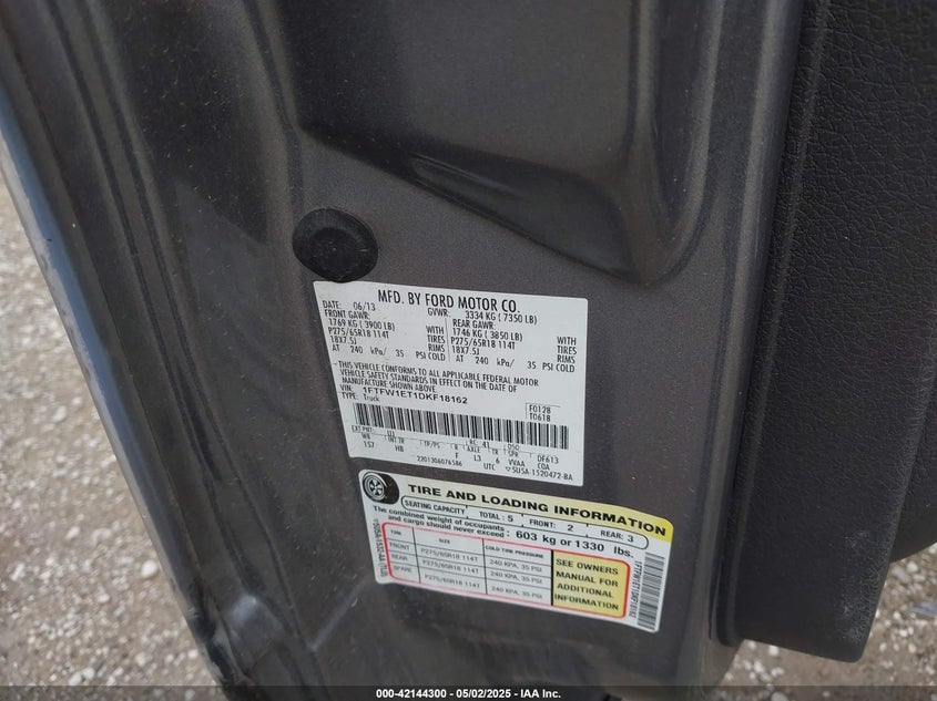 2013 FORD F-150 VIN: 1FTFW1ET1DKF18162