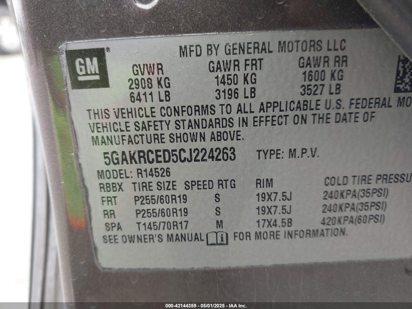 2012 BUICK ENCLAVE VIN: 5GAKRCED5CJ224263