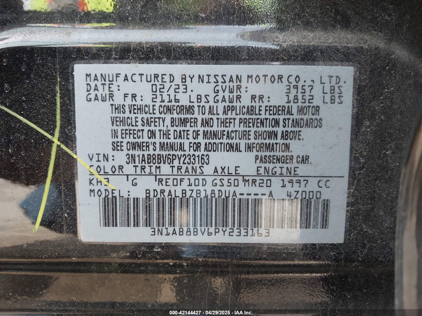 2023 NISSAN SENTRA VIN: 3N1AB8BV6PY233163