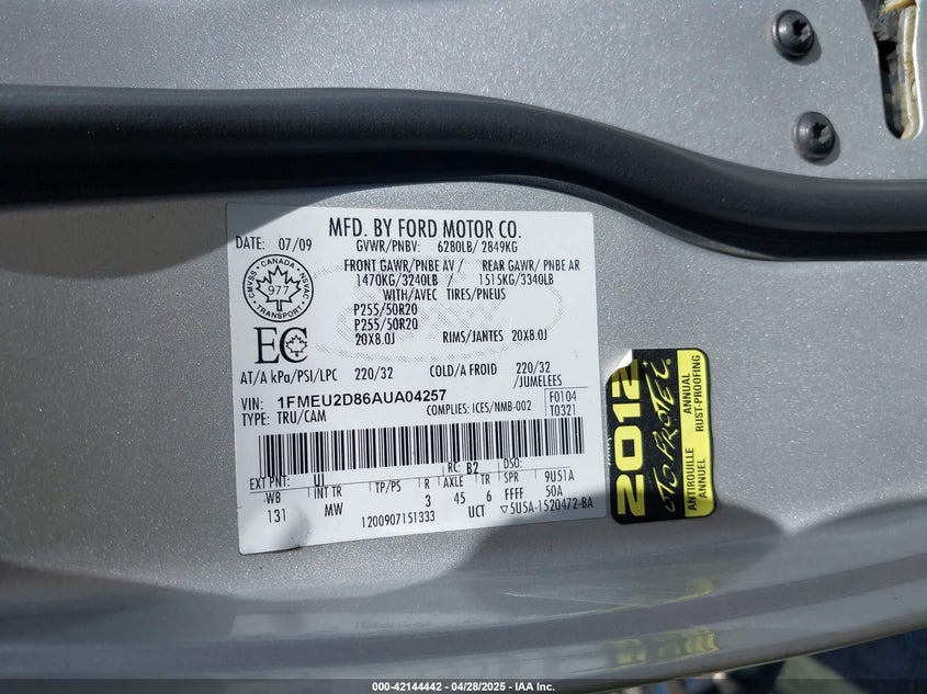 2010 FORD EXPLORER SPORT TRAC VIN: 1FMEU2D86AUA04257