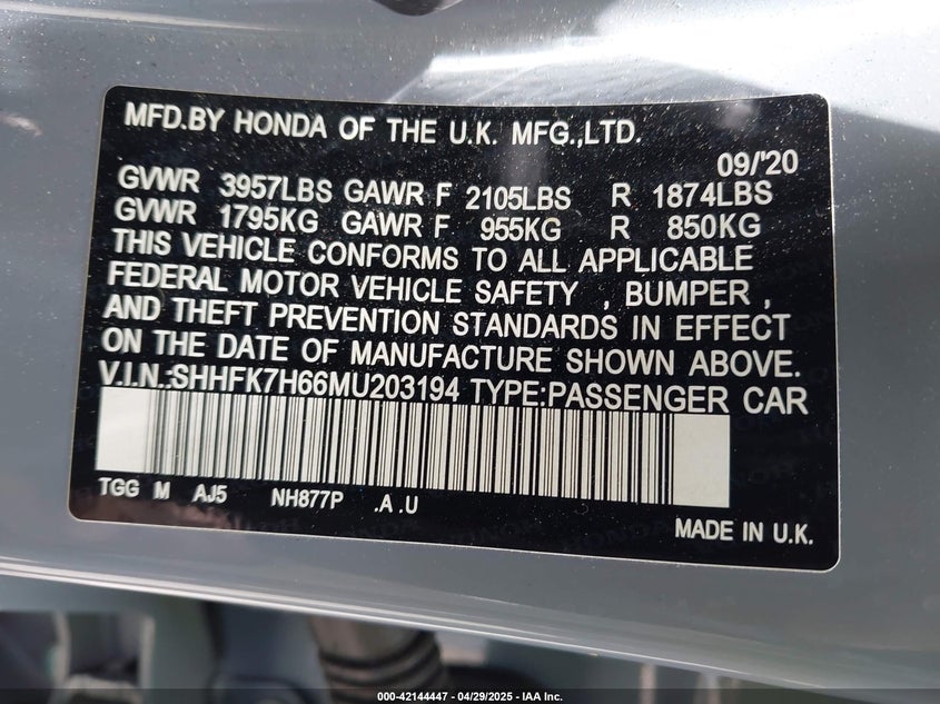 2021 HONDA CIVIC VIN: SHHFK7H66MU203194