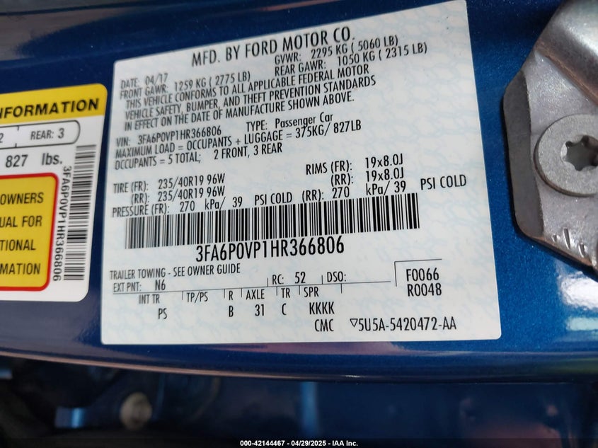 2017 FORD FUSION VIN: 3FA6P0VP1HR366806