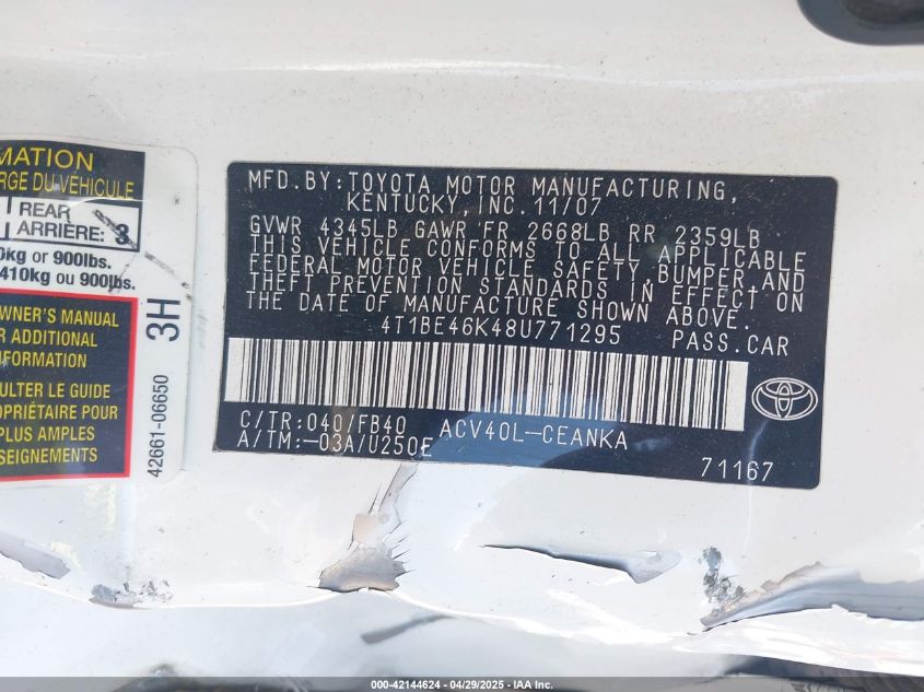 2008 Toyota Camry Le VIN: 4T1BE46K48U771295 Lot: 42144624