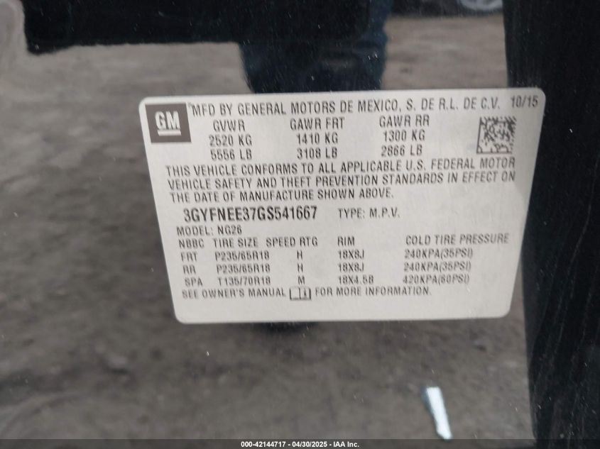2016 Cadillac Srx Luxury Collection VIN: 3GYFNEE37GS541667 Lot: 42144717