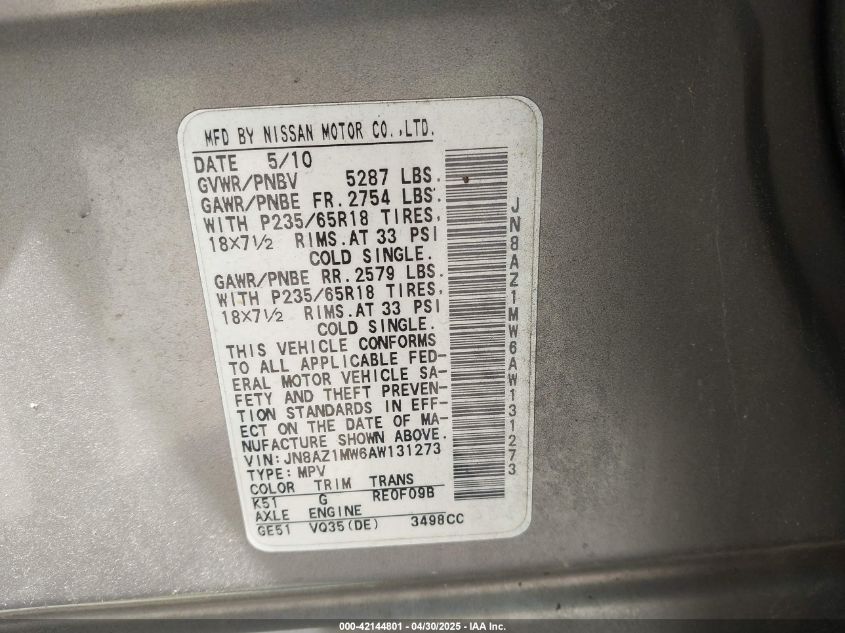 2010 Nissan Murano Sl VIN: JN8AZ1MW6AW131273 Lot: 42144801