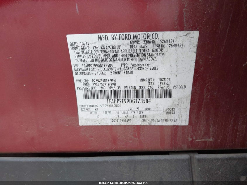 2013 FORD TAURUS VIN: 1FAHP2E99DG173584