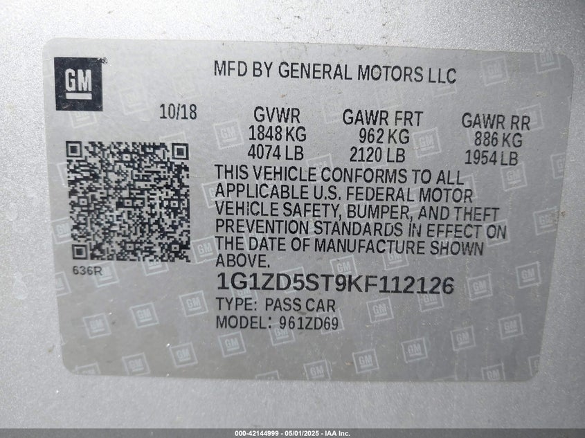 2019 CHEVROLET MALIBU VIN: 1G1ZD5ST9KF112126