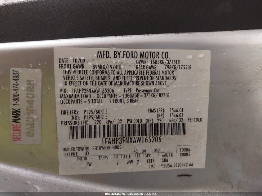 2010 FORD FOCUS VIN: 1FAHP3FNXAW165206