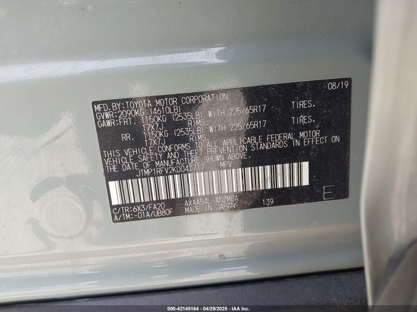 2019 TOYOTA RAV4 XLE - JTMP1RFV2KD042717