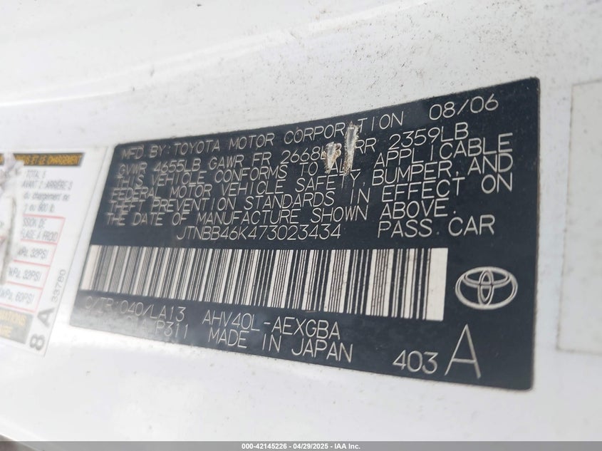 2007 TOYOTA CAMRY HYBRID VIN: JTNBB46K473023434