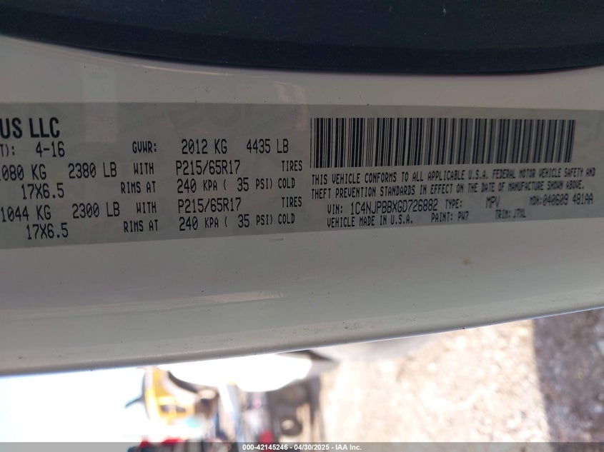2016 JEEP PATRIOT VIN: 1C4NJPBBXGD726882