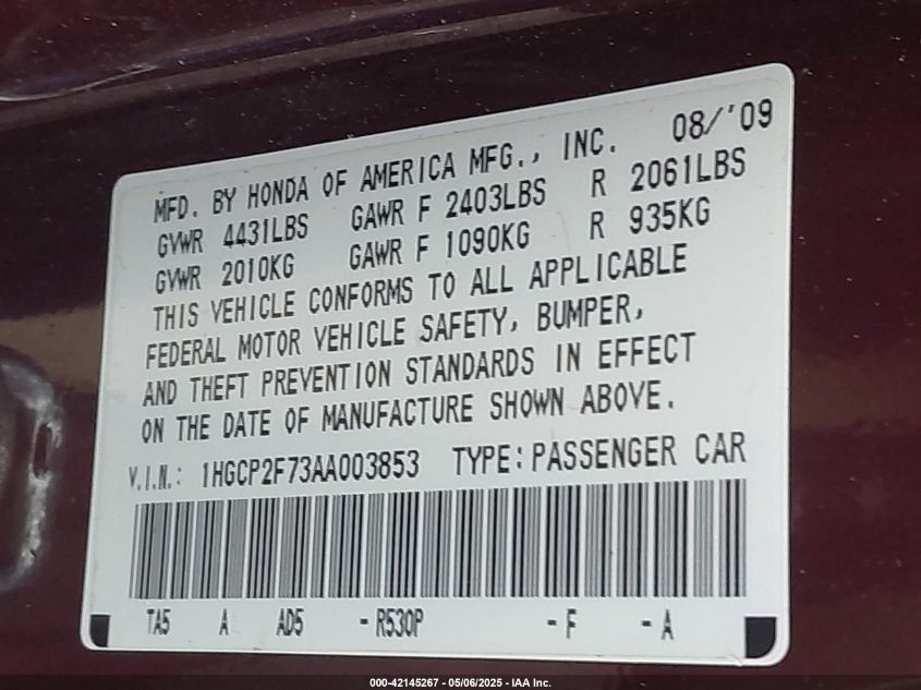 2010 Honda Accord 2.4 Ex VIN: 1HGCP2F73AA003853 Lot: 42145267