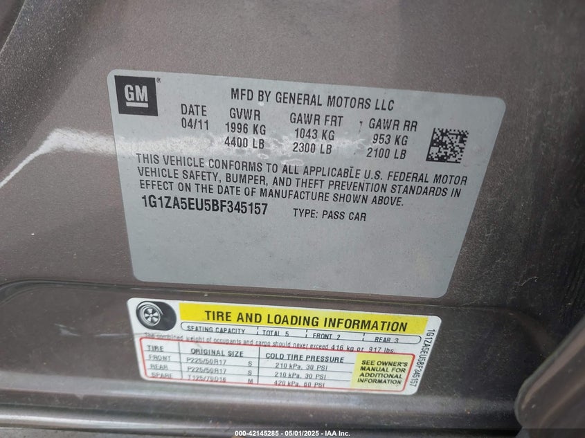 2011 CHEVROLET MALIBU VIN: 1G1ZA5EU5BF345157