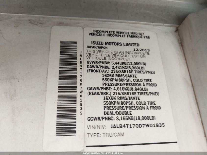 2013 Isuzu Commercial Van VIN: JALB4T170D7W01835 Lot: 42145304