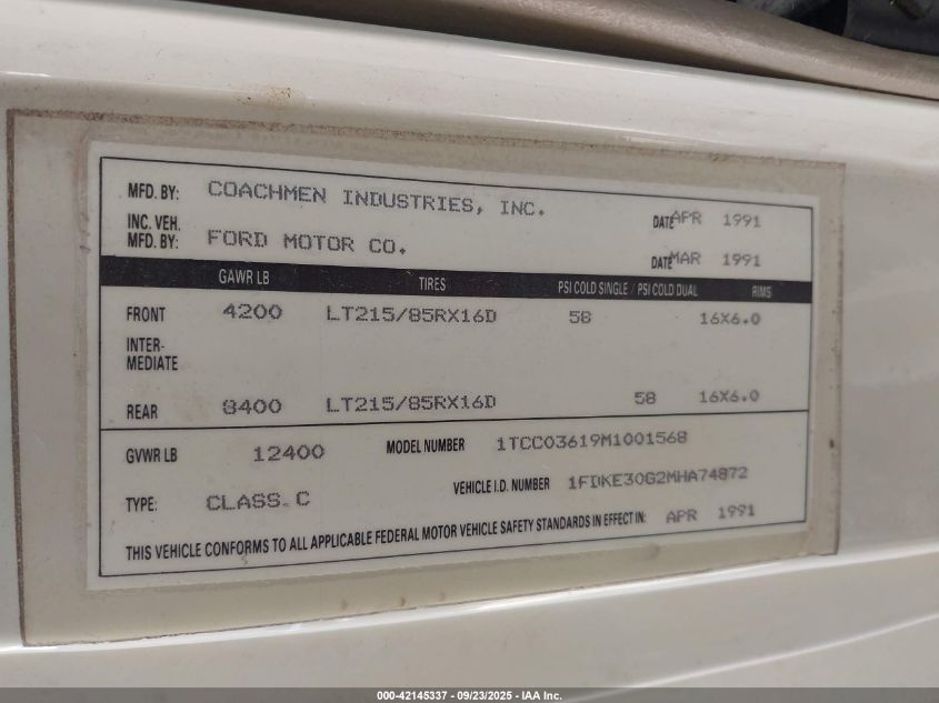 1991 Ford Econoline E350 Cutaway Van VIN: 1FDKE30G2MHA74872 Lot: 42145337