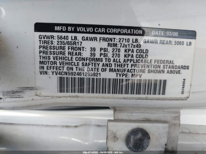 2006 Volvo Xc90 2.5T VIN: YV4CN592461293921 Lot: 42145393