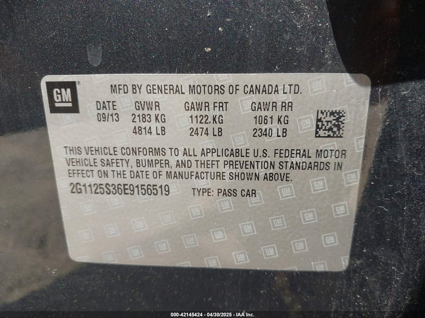 2014 CHEVROLET IMPALA VIN: 2G1125S36E9156519
